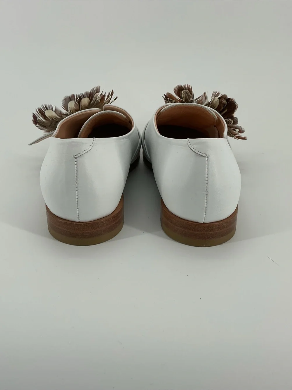 Rupert Sanderson White Leather Feather Embellished Loafers Flats 38